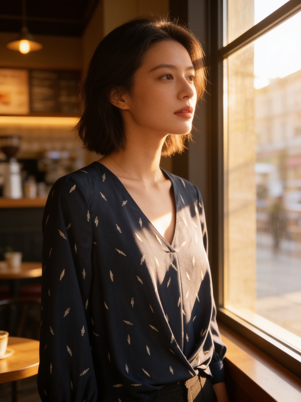 Lush Navy V-Neck Long-Sleeve Blouse with Feather Motif